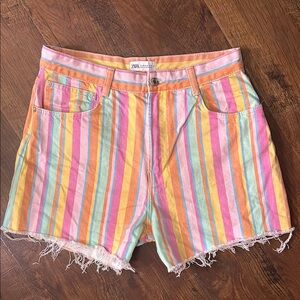 Zara Pastel Multi-Stripe Denim Shorts - Pink, Yellow, Orange, Blue